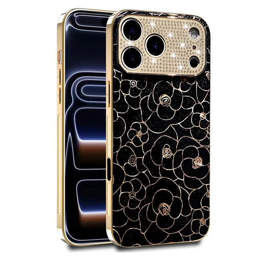 For iPhone 17 Pro Case Diamond Camera Ring Flower Pattern TPU PC Shockproof Protective Case - Black - 1