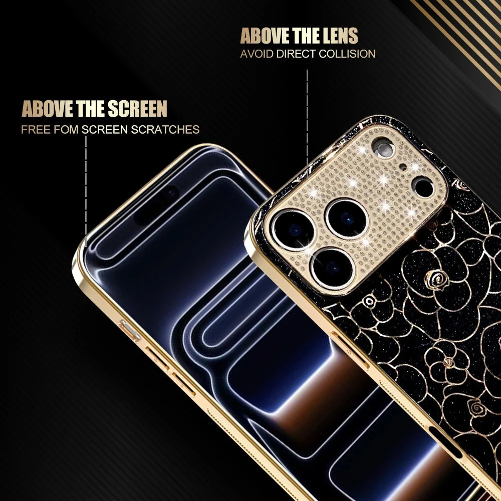 For iPhone 17 Pro Case Diamond Camera Ring Flower Pattern TPU PC Shockproof Protective Case - Black - 2
