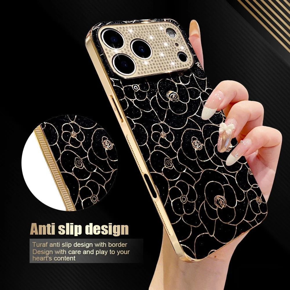 For iPhone 17 Pro Case Diamond Camera Ring Flower Pattern TPU PC Shockproof Protective Case - Black - 3