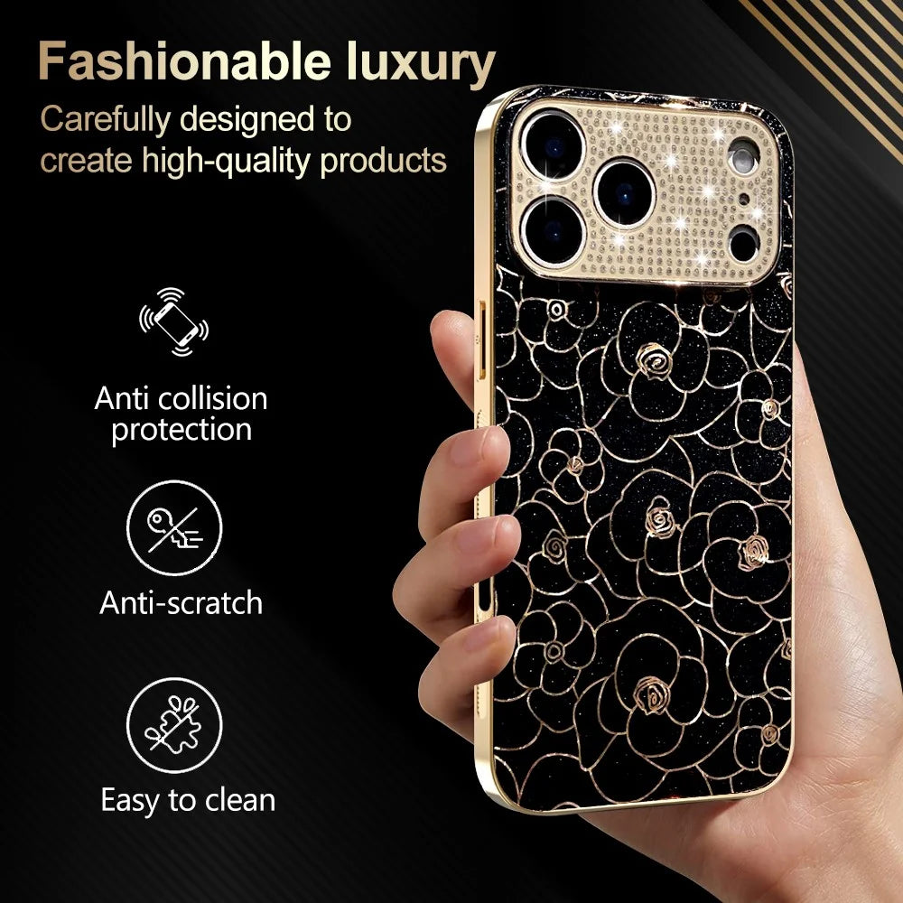 For iPhone 17 Pro Case Diamond Camera Ring Flower Pattern TPU PC Shockproof Protective Case - Black - 4