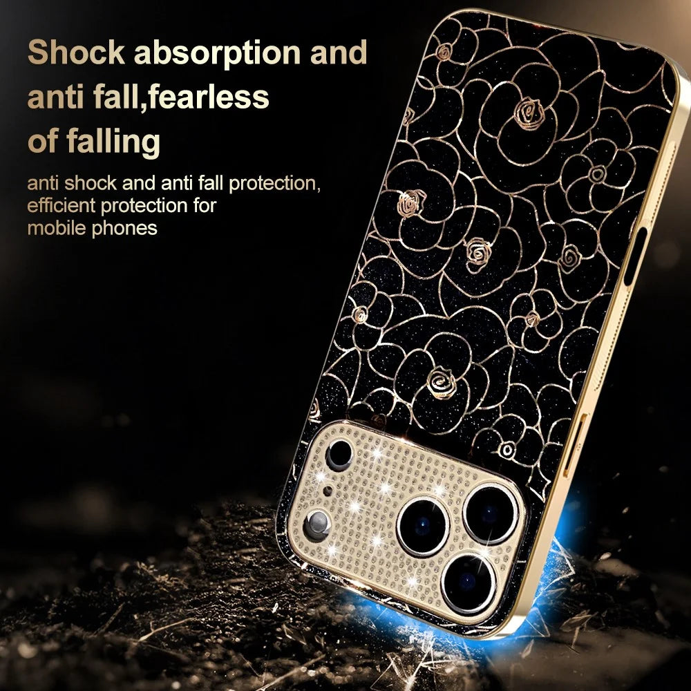 For iPhone 17 Pro Case Diamond Camera Ring Flower Pattern TPU PC Shockproof Protective Case - Black - 5