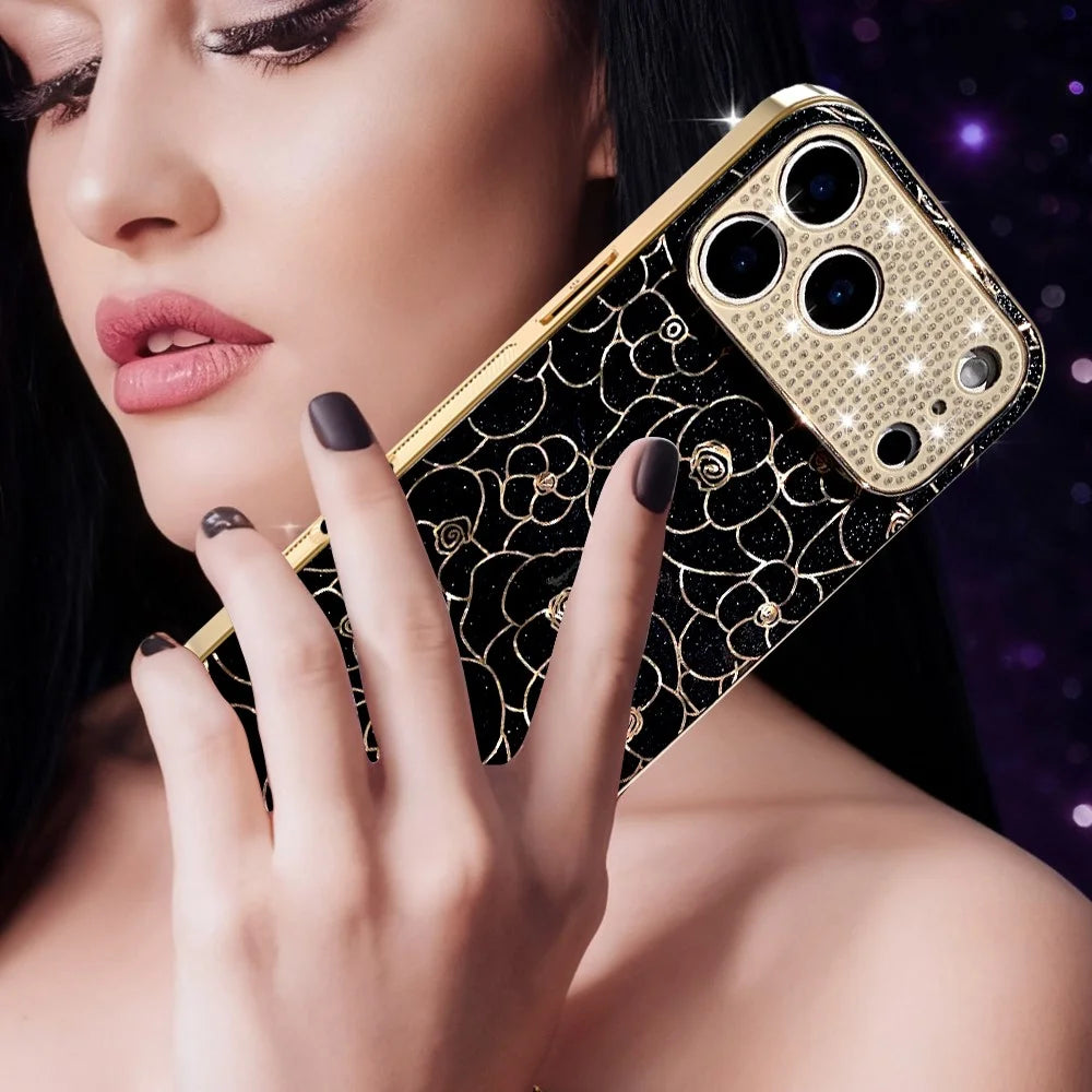 For iPhone 17 Pro Case Diamond Camera Ring Flower Pattern TPU PC Shockproof Protective Case - Black - 6