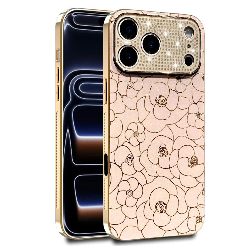 For iPhone 17 Pro Max Case Diamond Camera Ring Flower Pattern TPU PC Shockproof Protective Case - Pink - 1