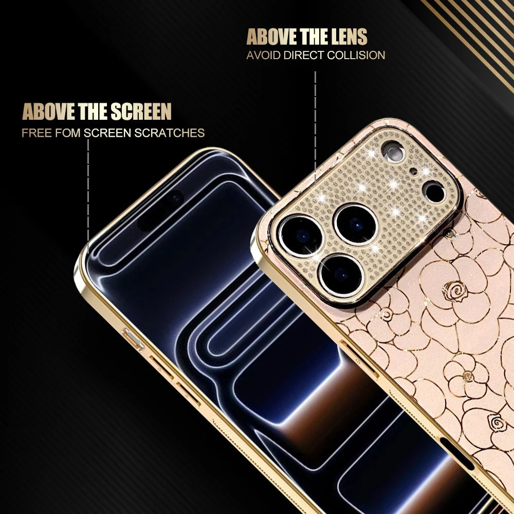 For iPhone 17 Pro Max Case Diamond Camera Ring Flower Pattern TPU PC Shockproof Protective Case - Pink - 2