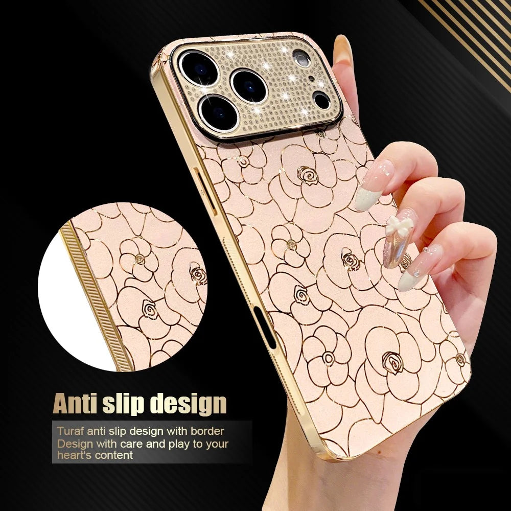 For iPhone 17 Pro Max Case Diamond Camera Ring Flower Pattern TPU PC Shockproof Protective Case - Pink - 3
