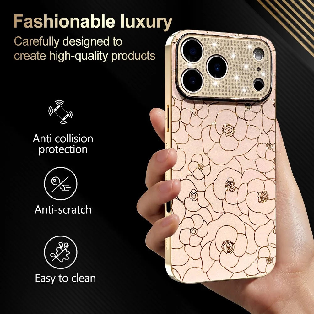For iPhone 17 Pro Max Case Diamond Camera Ring Flower Pattern TPU PC Shockproof Protective Case - Pink - 4