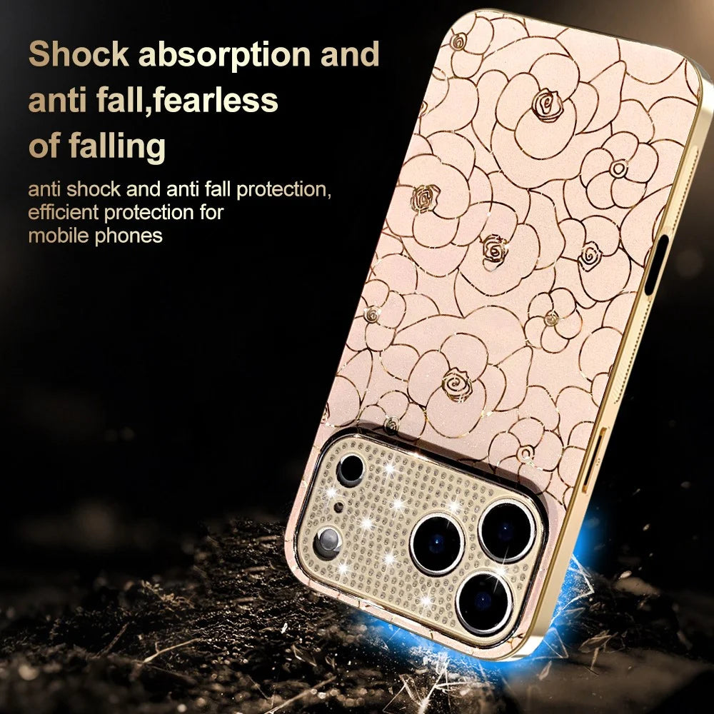 For iPhone 17 Pro Max Case Diamond Camera Ring Flower Pattern TPU PC Shockproof Protective Case - Pink - 5
