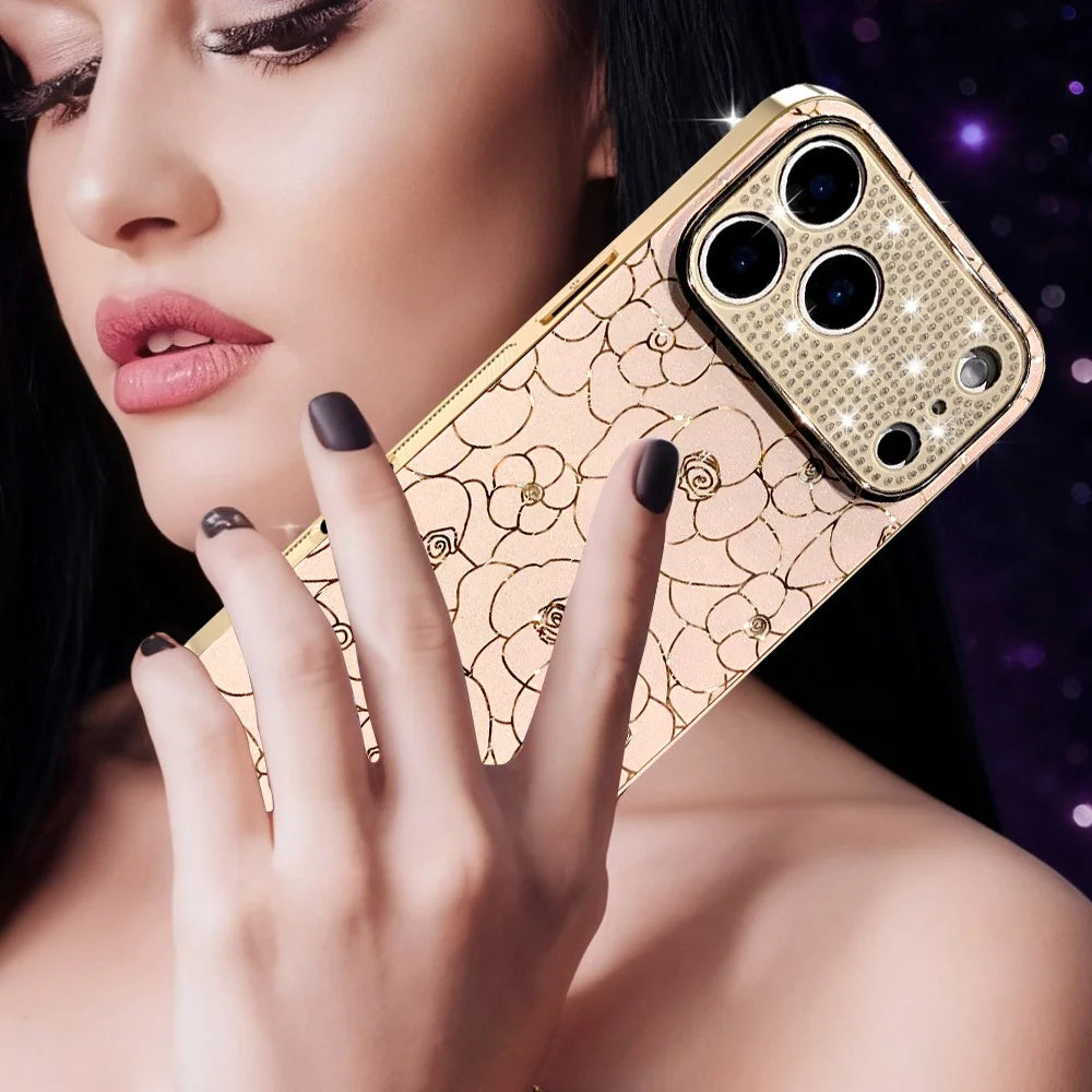 For iPhone 17 Pro Max Case Diamond Camera Ring Flower Pattern TPU PC Shockproof Protective Case - Pink - 6