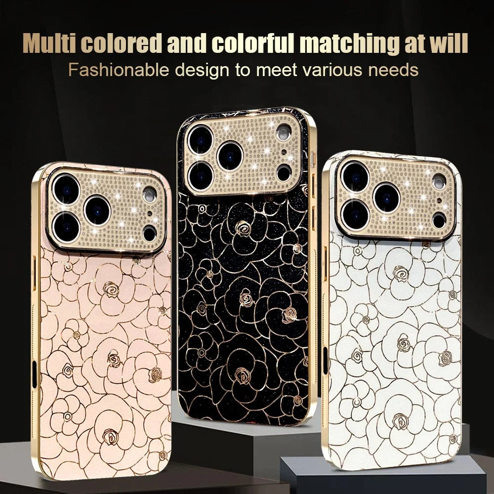For iPhone 17 Pro Max Case Diamond Camera Ring Flower Pattern TPU PC Shockproof Protective Case - Pink - 7