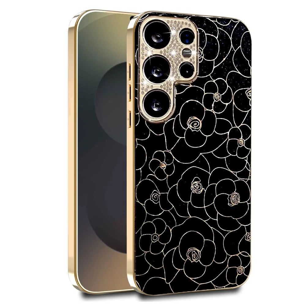 For Samsung Galaxy S26 Ultra Case Diamond Camera Ring Flower Pattern TPU PC Shockproof Protective Case - Black - 1