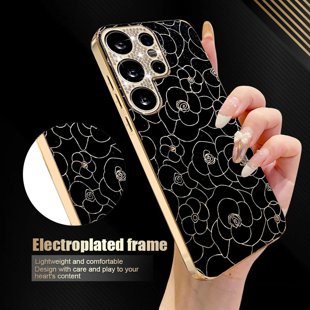 For Samsung Galaxy S26 Ultra Case Diamond Camera Ring Flower Pattern TPU PC Shockproof Protective Case - Black - 3