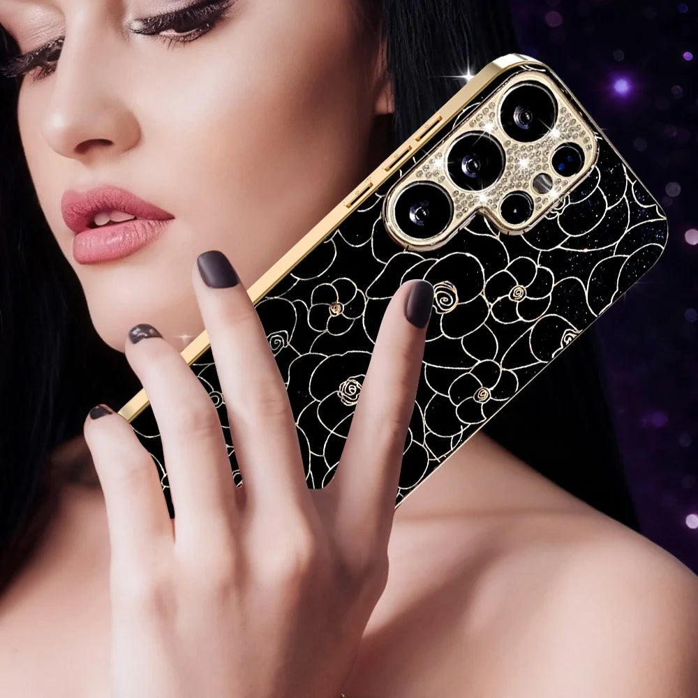 For Samsung Galaxy S26 Ultra Case Diamond Camera Ring Flower Pattern TPU PC Shockproof Protective Case - Black - 6