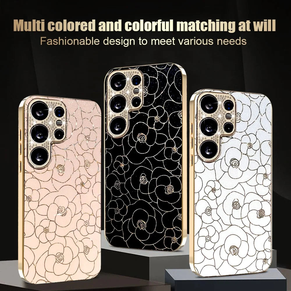 For Samsung Galaxy S26 Ultra Case Diamond Camera Ring Flower Pattern TPU PC Shockproof Protective Case - Black - 7