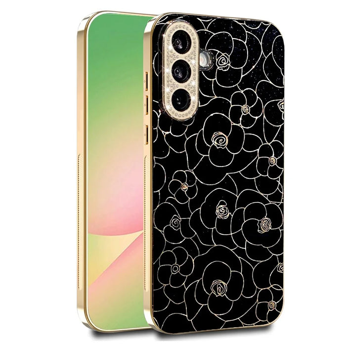 For Samsung Galaxy S26 Case Diamond Camera Ring Flower Pattern TPU PC Shockproof Protective Case - Black - 1