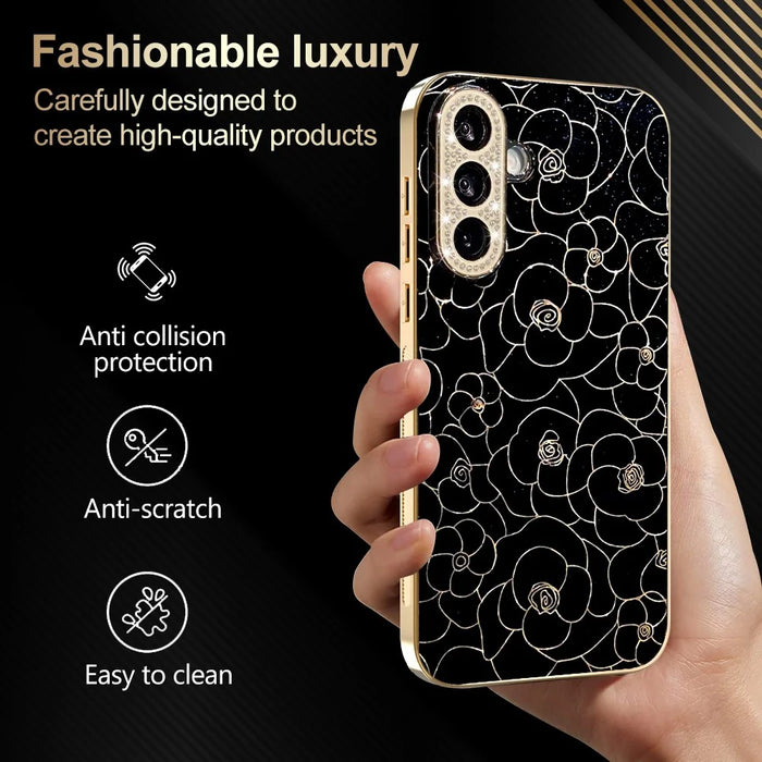 For Samsung Galaxy S26 Case Diamond Camera Ring Flower Pattern TPU PC Shockproof Protective Case - Black - 3