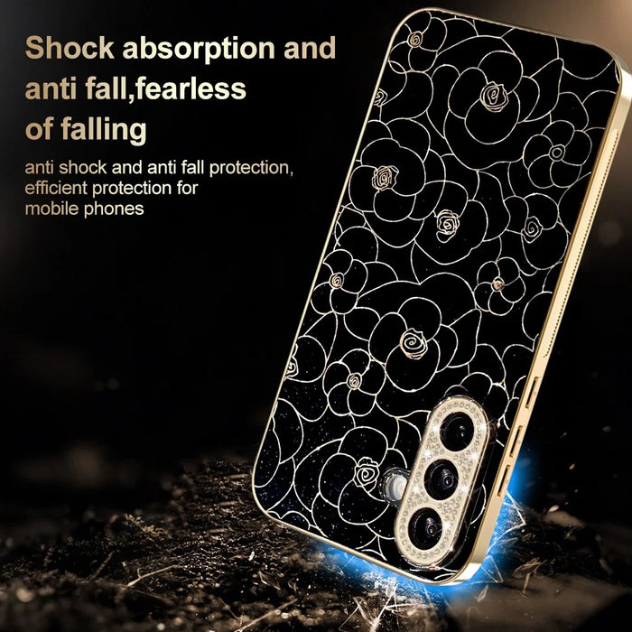 For Samsung Galaxy S26 Case Diamond Camera Ring Flower Pattern TPU PC Shockproof Protective Case - Black - 4
