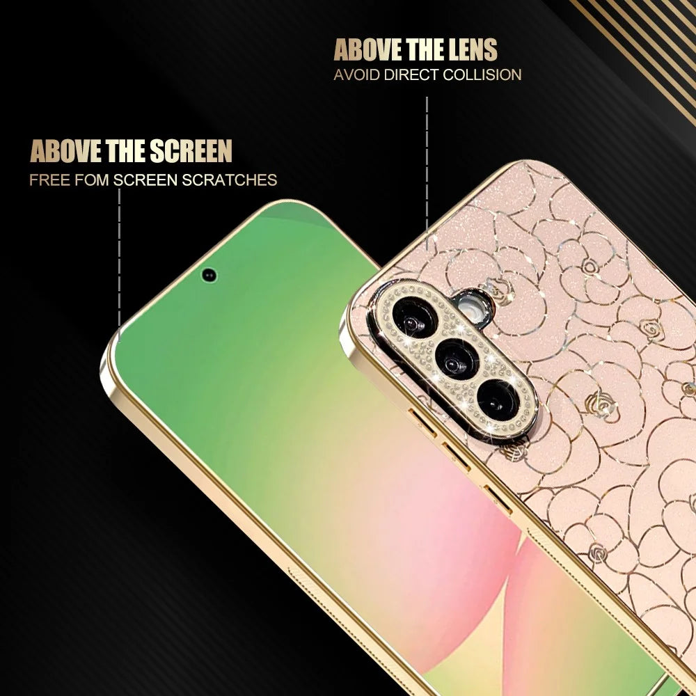 For Samsung Galaxy S26+ Case Diamond Camera Ring Flower Pattern TPU PC Shockproof Protective Case - Pink - 2