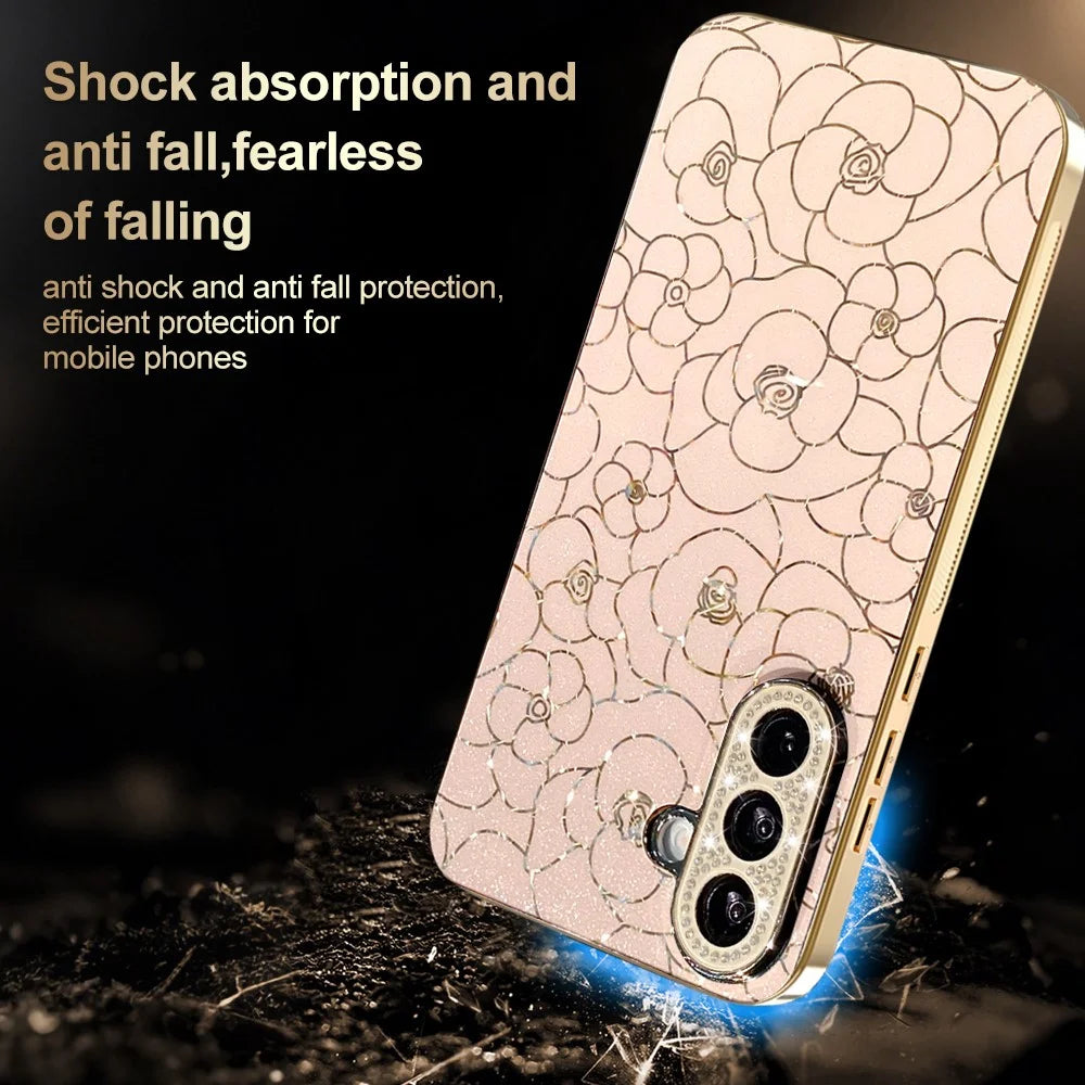 For Samsung Galaxy S26+ Case Diamond Camera Ring Flower Pattern TPU PC Shockproof Protective Case - Pink - 4