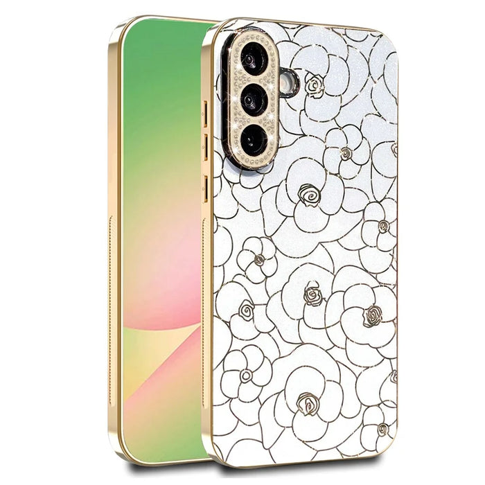 For Samsung Galaxy A56 5G Case Diamond Camera Ring Flower Pattern TPU PC Shockproof Protective Case - White - 1