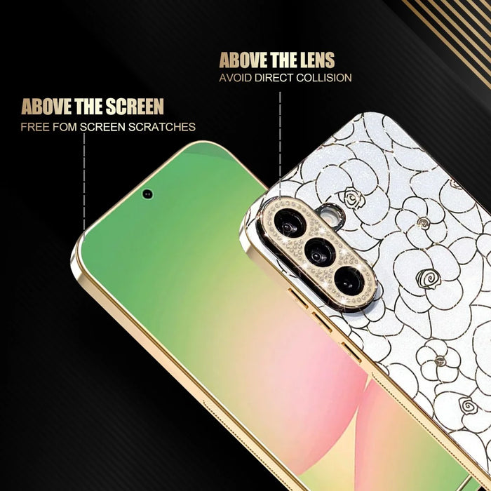 For Samsung Galaxy A56 5G Case Diamond Camera Ring Flower Pattern TPU PC Shockproof Protective Case - White - 2