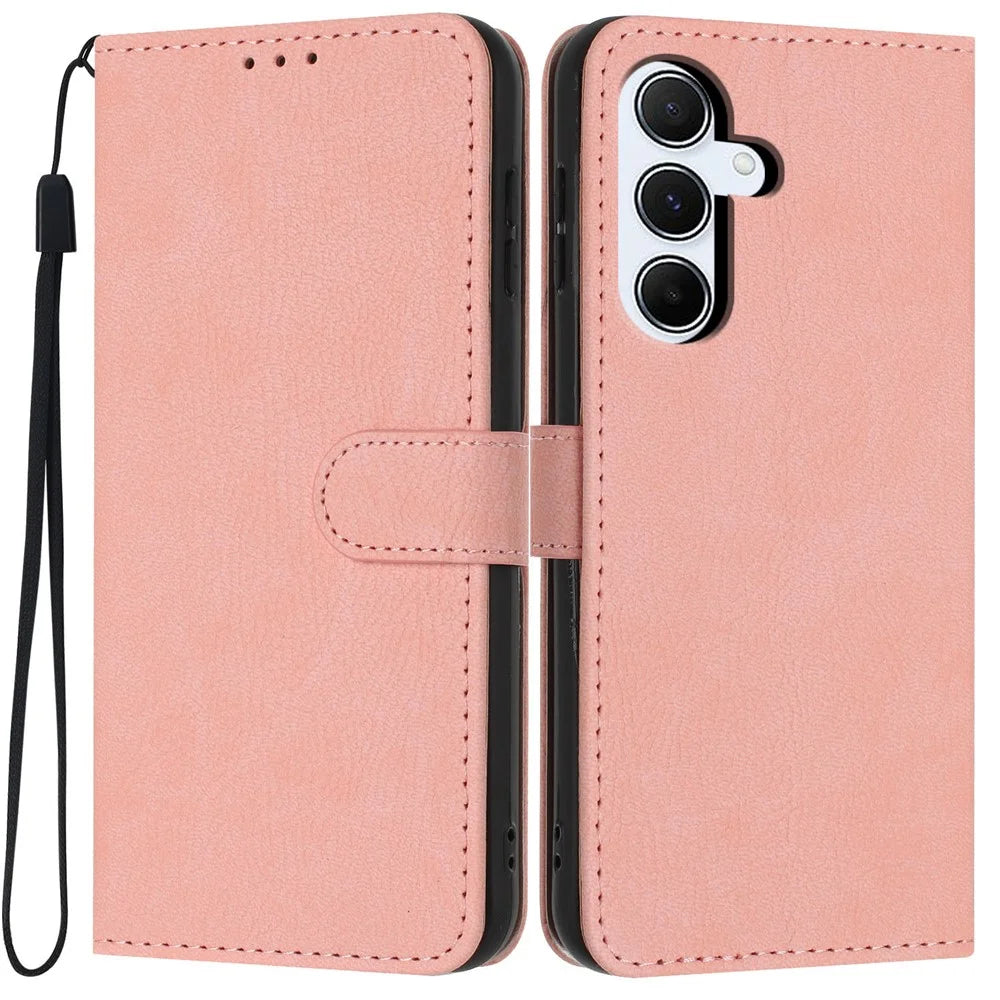 For Samsung Galaxy A26 5G Wallet Case Litchi Texture Leather Flip Cover with Card Slots and Hand Strap - Pink - 1