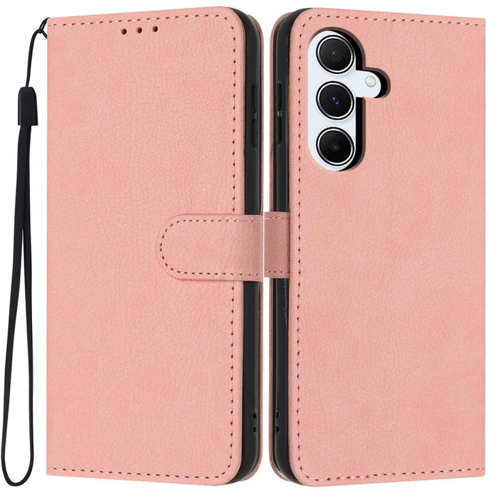 For Samsung Galaxy A36 5G Wallet Case Litchi Texture Leather Flip Cover with Card Slots and Hand Strap - Pink - 1