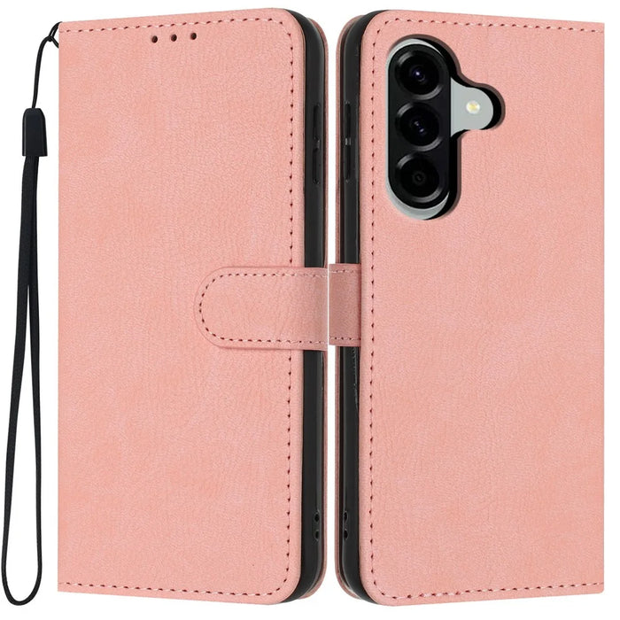 For Samsung Galaxy A56 5G Wallet Case Litchi Texture Leather Flip Cover with Card Slots and Hand Strap - Pink - 1