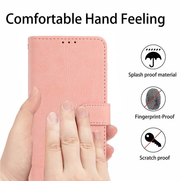 For Samsung Galaxy A56 5G Wallet Case Litchi Texture Leather Flip Cover with Card Slots and Hand Strap - Pink - 6