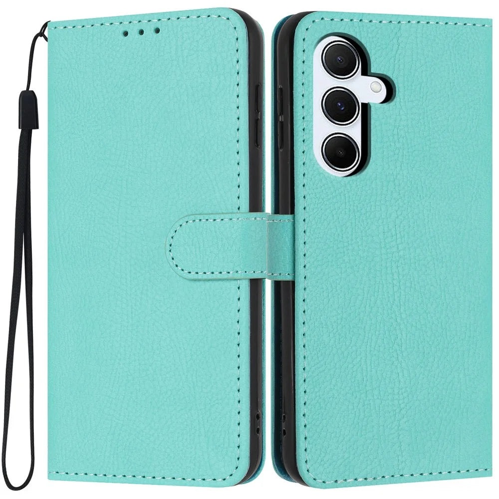For Samsung Galaxy A25 5G (Global) (161mm) Wallet Case Litchi Texture Leather Flip Cover with Card Slots and Hand Strap - Green - 1