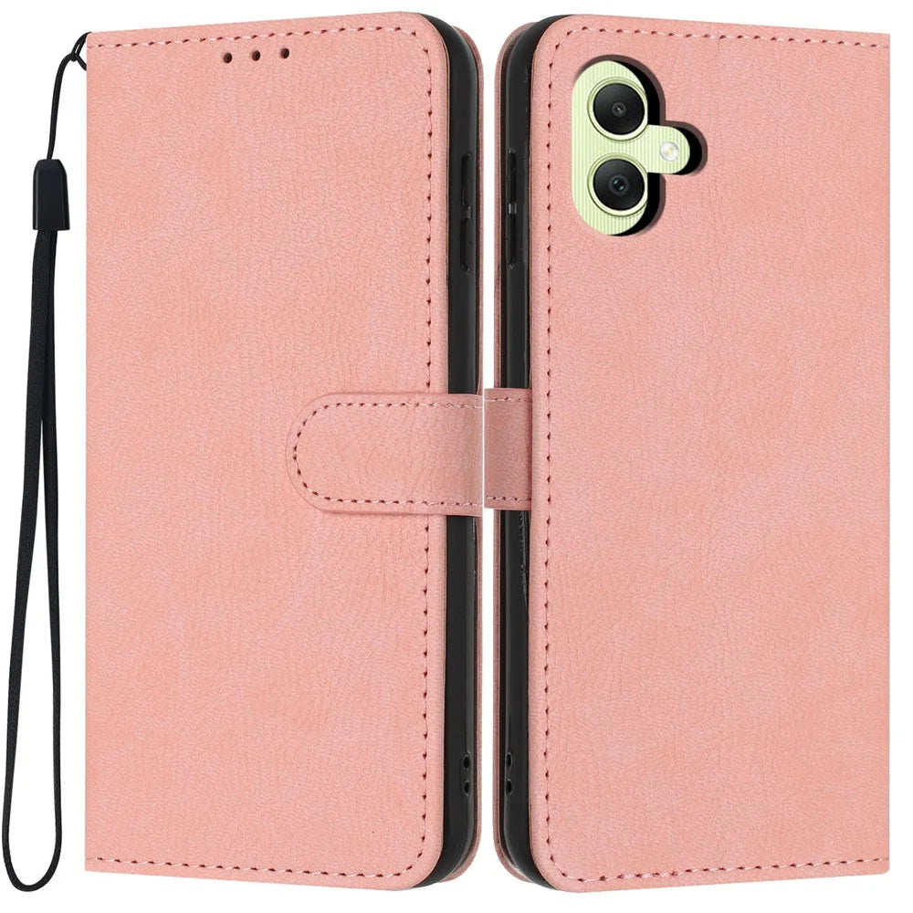 For Samsung Galaxy A05 4G Wallet Case Litchi Texture Leather Flip Cover with Card Slots and Hand Strap - Pink - 1