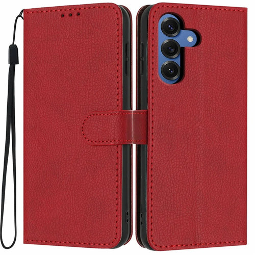 For Samsung Galaxy S26+ Wallet Case Litchi Texture Leather Flip Cover with Card Slots and Hand Strap - Red - 1