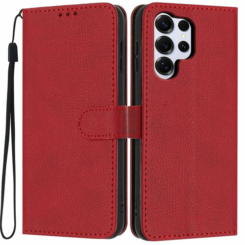 For Samsung Galaxy S26 Ultra Wallet Case Litchi Texture Leather Flip Cover with Card Slots and Hand Strap - Red - 1