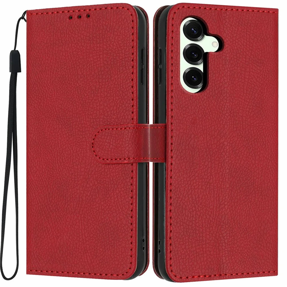 For Samsung Galaxy S25+ Wallet Case Litchi Texture Leather Flip Cover with Card Slots and Hand Strap - Red - 1