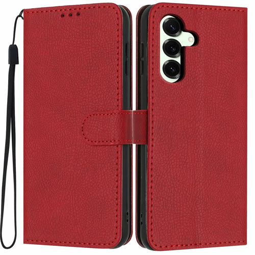 For Samsung Galaxy S25+ Wallet Case Litchi Texture Leather Flip Cover with Card Slots and Hand Strap - Red - 1