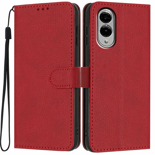 For Samsung Galaxy S25 Edge Wallet Case Litchi Texture Leather Flip Cover with Card Slots and Hand Strap - Red - 1