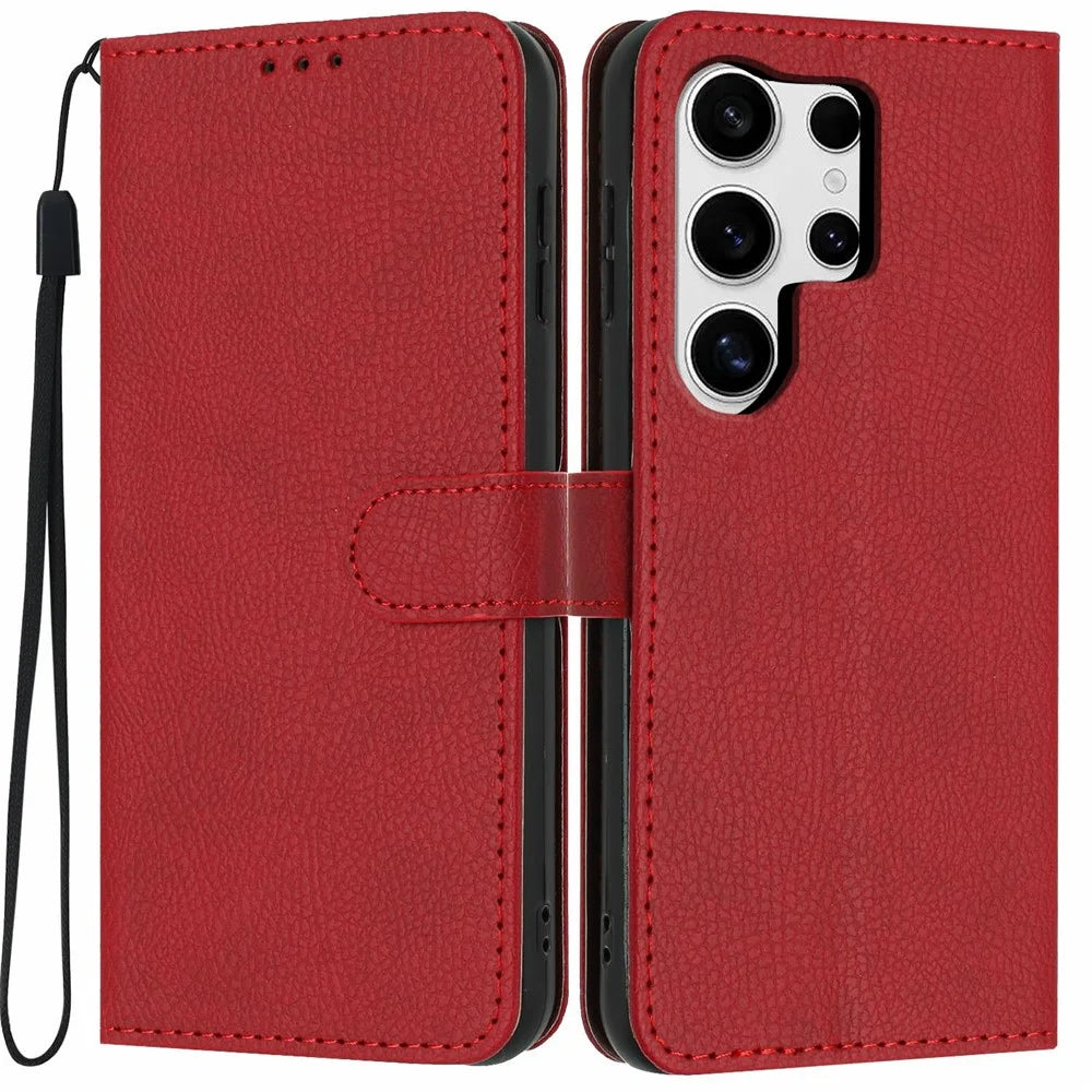 For Samsung Galaxy S24 Ultra Wallet Case Litchi Texture Leather Flip Cover with Card Slots and Hand Strap - Red - 1
