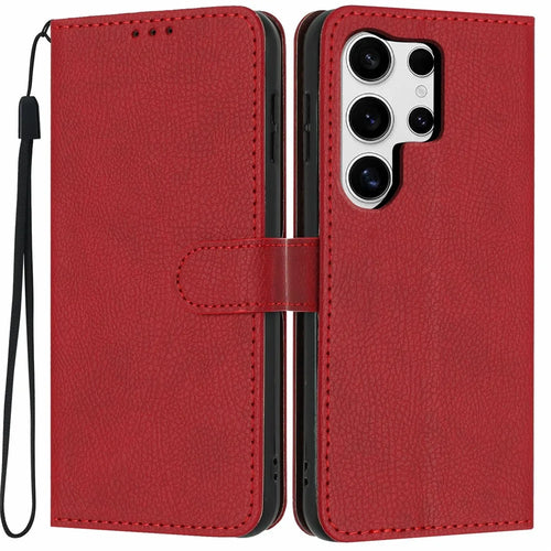 For Samsung Galaxy S24 Ultra Wallet Case Litchi Texture Leather Flip Cover with Card Slots and Hand Strap - Red - 1
