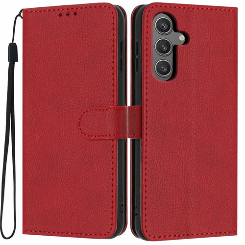 For Samsung Galaxy S24 FE Wallet Case Litchi Texture Leather Flip Cover with Card Slots and Hand Strap - Red - 1