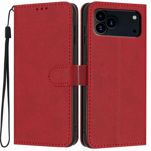 For iPhone 18 Pro Max / 17 Pro Max Wallet Case Litchi Texture Leather Flip Cover with Card Slots and Hand Strap - Red - 1