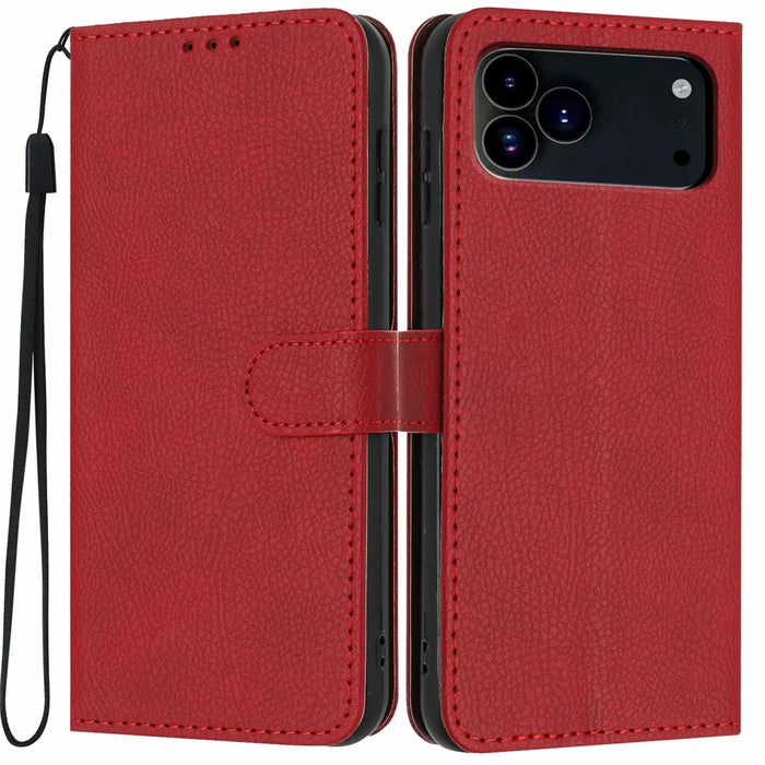 For iPhone 18 Pro Max / 17 Pro Max Wallet Case Litchi Texture Leather Flip Cover with Card Slots and Hand Strap - Red - 1