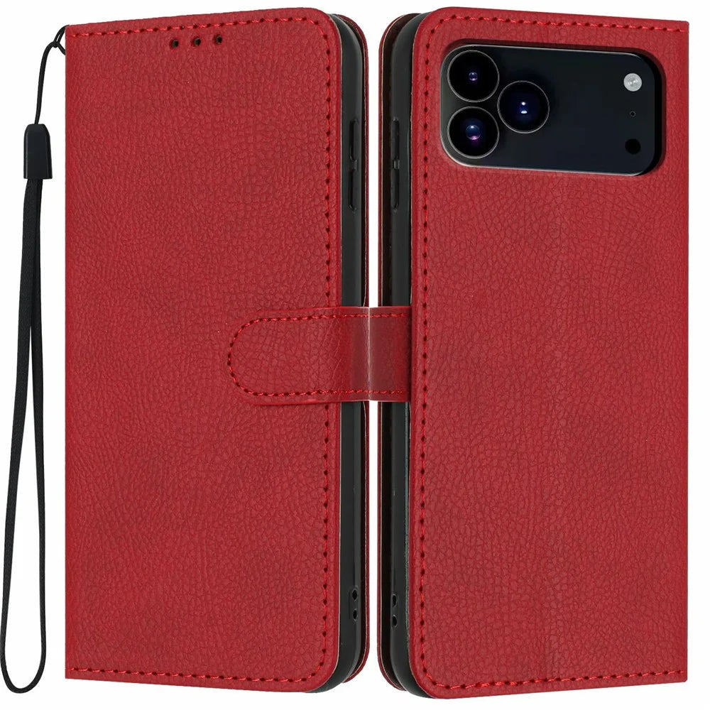 For iPhone 18 Pro / 17 Pro Wallet Case Litchi Texture Leather Flip Cover with Card Slots and Hand Strap - Red - 1