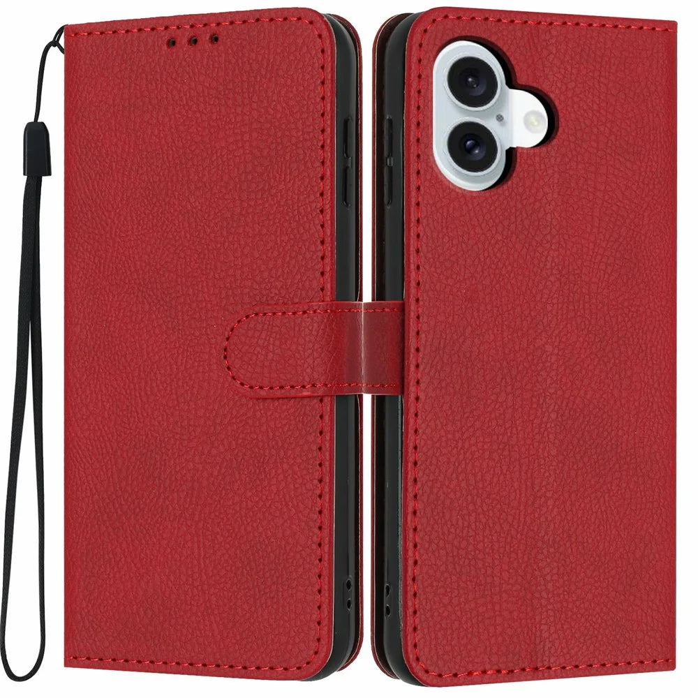 For iPhone 16 Wallet Case Litchi Texture Leather Flip Cover with Card Slots and Hand Strap - Red - 1
