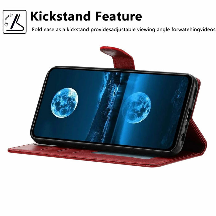 For iPhone 16 Wallet Case Litchi Texture Leather Flip Cover with Card Slots and Hand Strap - Red - 3