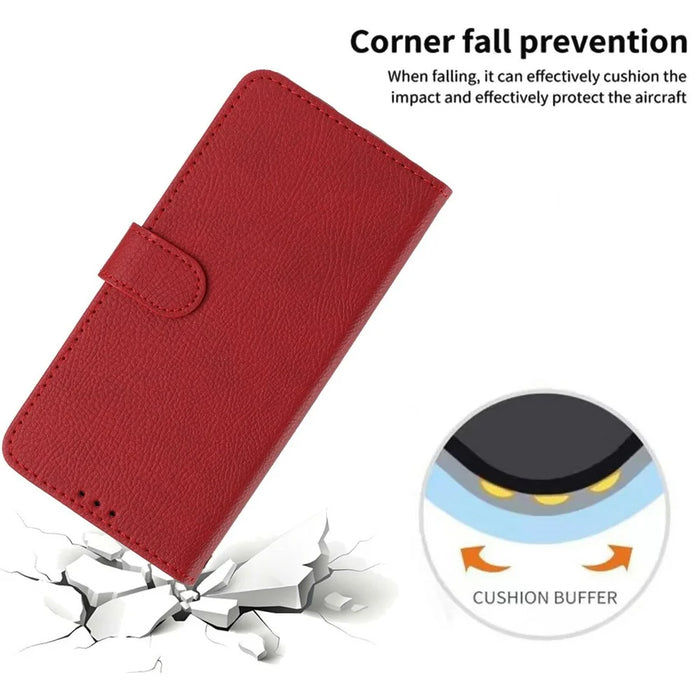 For iPhone 16 Wallet Case Litchi Texture Leather Flip Cover with Card Slots and Hand Strap - Red - 5