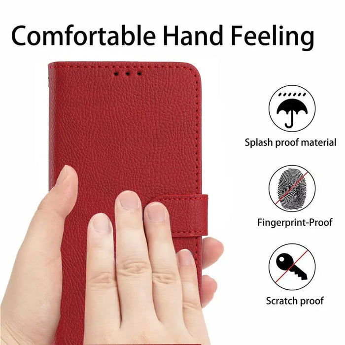 For iPhone 16 Wallet Case Litchi Texture Leather Flip Cover with Card Slots and Hand Strap - Red - 6
