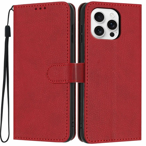 For iPhone 16 Pro Wallet Case Litchi Texture Leather Flip Cover with Card Slots and Hand Strap - Red - 1