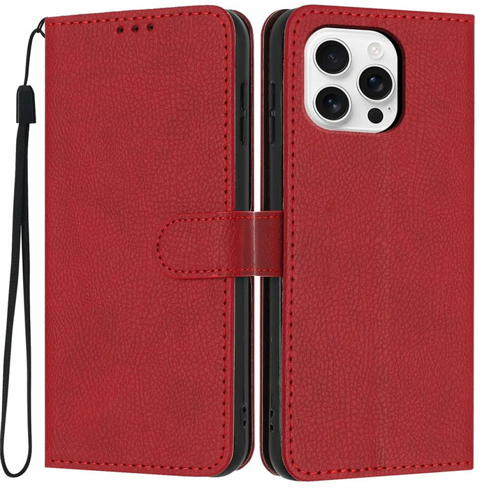 For iPhone 16 Pro Wallet Case Litchi Texture Leather Flip Cover with Card Slots and Hand Strap - Red - 1