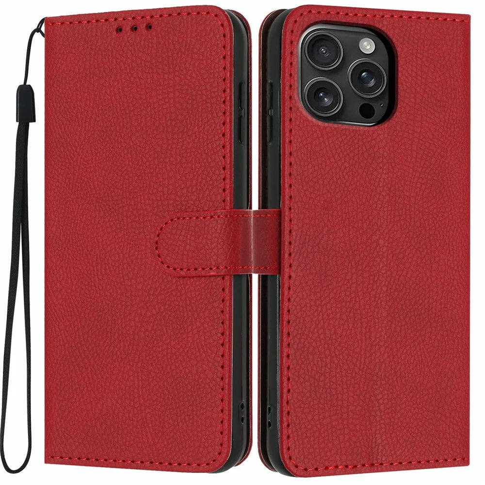 For iPhone 16 Pro Max Wallet Case Litchi Texture Leather Flip Cover with Card Slots and Hand Strap - Red - 1