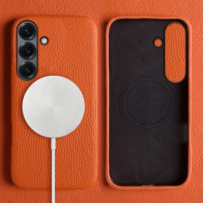 For Samsung Galaxy A57 5G Magnetic Case Litchi Texture Genuine Cow Leather + PC Phone Cover - Orange - 2