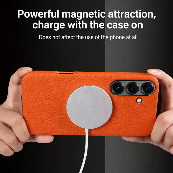 For Samsung Galaxy A57 5G Magnetic Case Litchi Texture Genuine Cow Leather + PC Phone Cover - Orange - 5